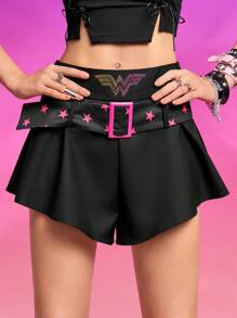 WONDER WOMAN X SHEIN 配有腰帶的鑲有鑽石細節的短褲 - 黑色 - 查看 1