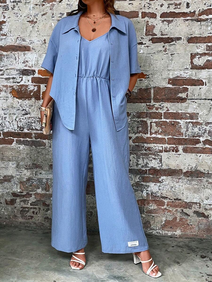 SHEIN LUNE Plus Drop Shoulder Shirt & Letter Patched Wide Leg Cami Jumpsuit - Baby Blue - View 1