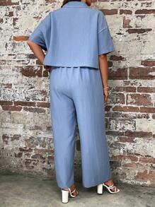 SHEIN LUNE Plus Drop Shoulder Shirt & Letter Patched Wide Leg Cami Jumpsuit - Baby Blue - View 3