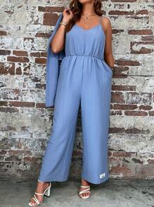 SHEIN LUNE Plus Drop Shoulder Shirt & Letter Patched Wide Leg Cami Jumpsuit - Baby Blue - View 6