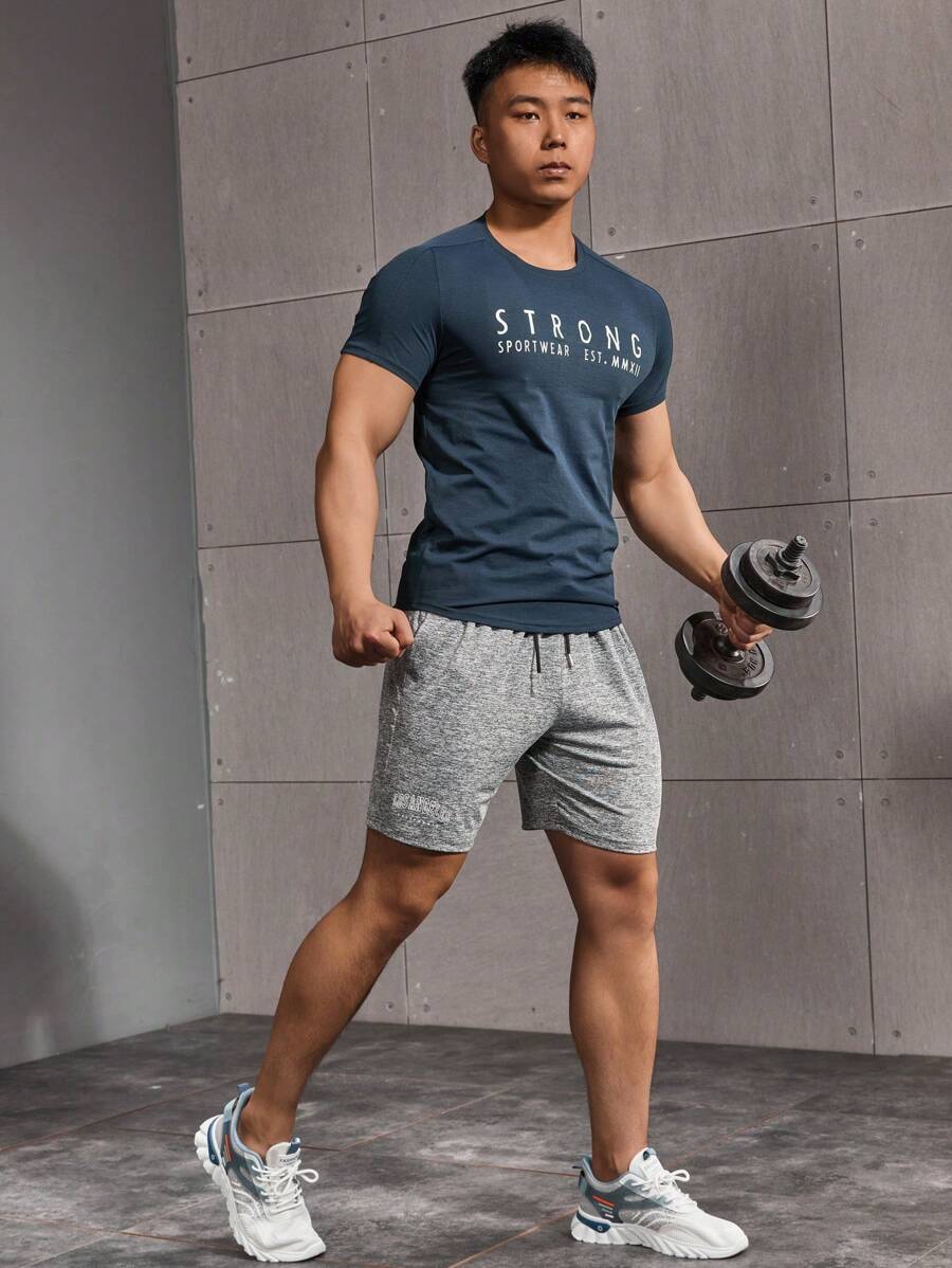 Manfinity Athleisure Men Shorts Set Men Letter Graphic Sports Tee & Drawstring Waist Shorts, Athletic Suit, Tracksuit - Multicolor - View 1