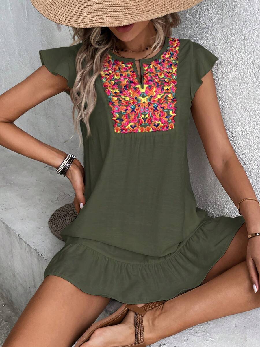 SHEIN VCAY 花卉刺繡缺口領荷葉邊娃娃裙 - 軍綠色 - 查看 1