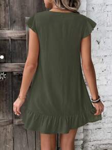 SHEIN VCAY 花卉刺繡缺口領荷葉邊娃娃裙 - 軍綠色 - 查看 2