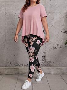 SHEIN LUNE Women's Plus Size Short Sleeve Round Neck Leopard Print 2pcs Set, Suitable For Summer,Holiday Outfits - Dusty Pink - View 1