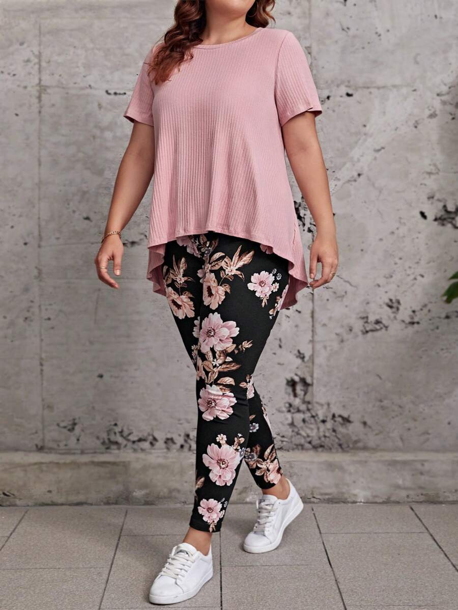 SHEIN LUNE Women's Plus Size Short Sleeve Round Neck Leopard Print 2pcs Set, Suitable For Summer,Holiday Outfits - Dusty Pink - View 1