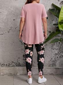 SHEIN LUNE Women's Plus Size Short Sleeve Round Neck Leopard Print 2pcs Set, Suitable For Summer,Holiday Outfits - Dusty Pink - View 2