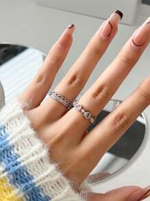 2入組/套獨特精緻粉色鑽石愛心戒指 - 銀色 - 查看 5