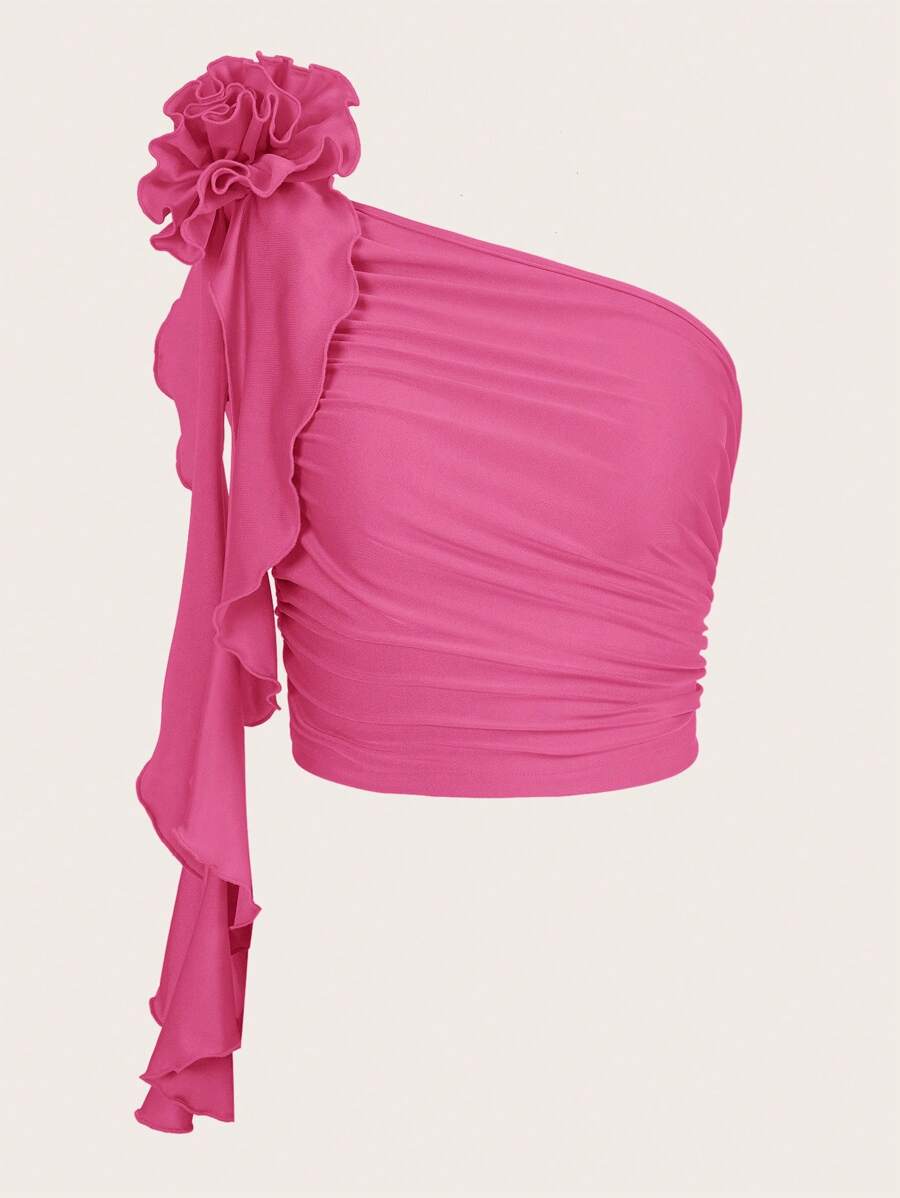 SHEIN ICON 3D Rosette One Shoulder Ruffle Trim Ruched Side Crop Top - Hot Pink - View 1