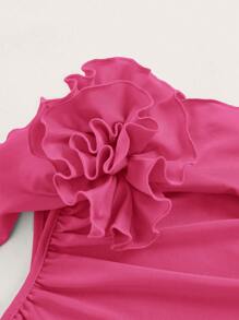 SHEIN ICON 3D Rosette One Shoulder Ruffle Trim Ruched Side Crop Top - Hot Pink - View 3