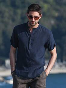 Hombres Camisa con botón de cuello alto - Azul Marino - Ver 1