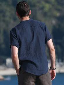 Hombres Camisa con botón de cuello alto - Azul Marino - Ver 2