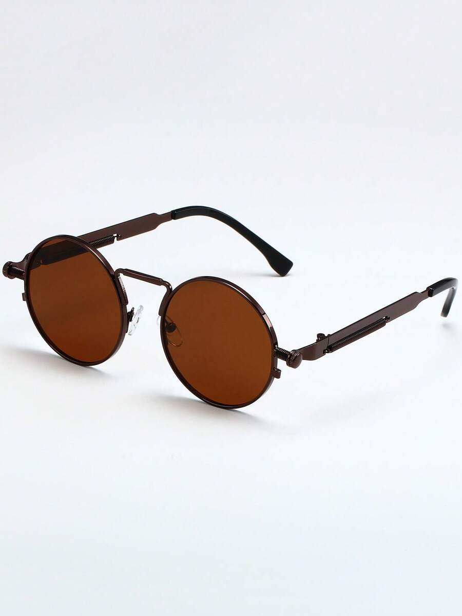1 Pair Unisex Circular Metal Frame Decorative Glasses, Fashionable For Daily Wear And Driving - Brown - View 1
