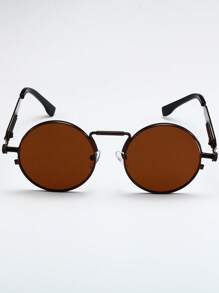 1 Pair Unisex Circular Metal Frame Decorative Glasses, Fashionable For Daily Wear And Driving - Brown - View 2