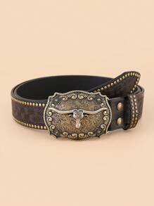 Cattle Head Decor Geometric Buckle Belt - Coffee Brown - View 1