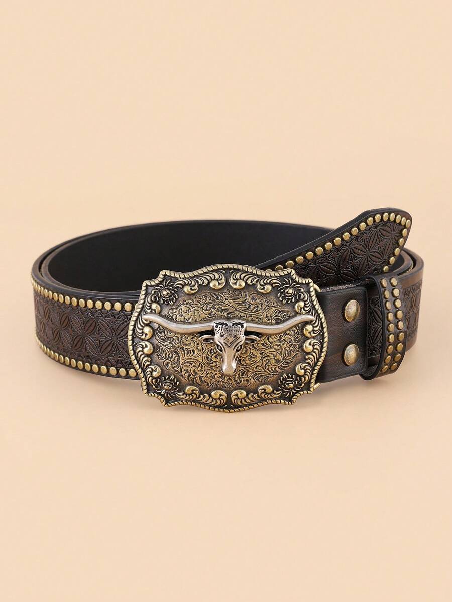 Cattle Head Decor Geometric Buckle Belt - Coffee Brown - View 1