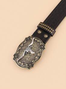 Cattle Head Decor Geometric Buckle Belt - Coffee Brown - View 5
