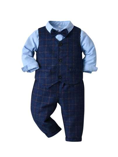 Da Bambini fiocco frontale Camicia & con stampa quadri Gilet & Pantaloni