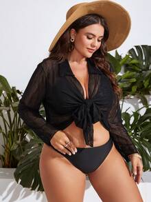 SHEIN Swim Curve Plus Tie Front Crop Kimono - Black - View 4