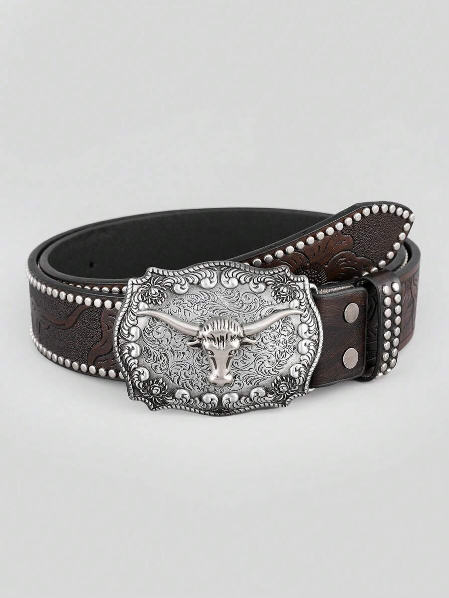 1入組女性黃牛頭細節時尚皮帶適用於日常 - 咖啡棕 - 查看 1