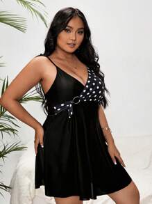 SHEIN Swim Curve Nhẫn cộng với kích thước chấm bi được liên kết với bãi biển mùa hè Tankini - màu đen - Xem 3