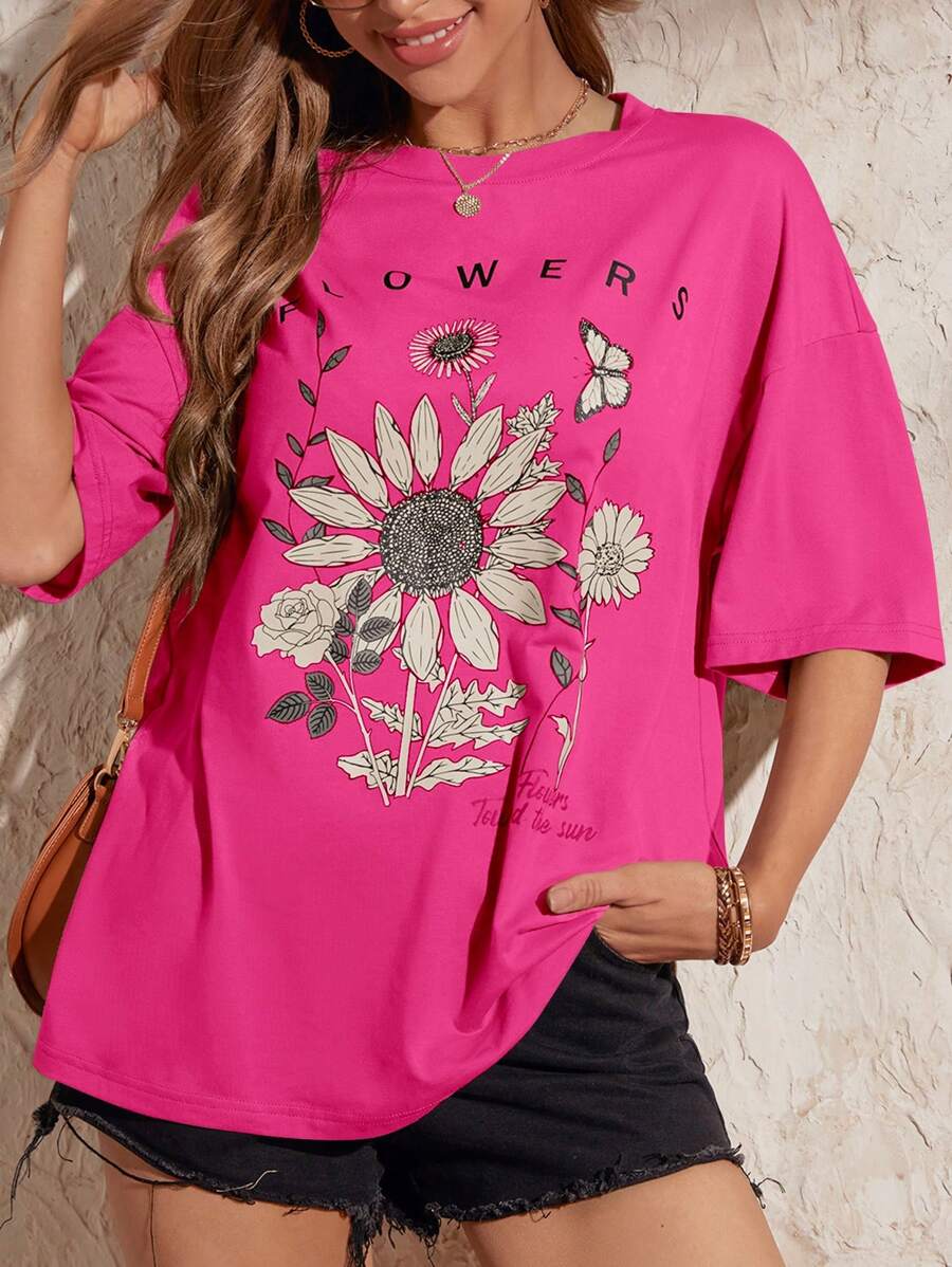 SHEIN LUNE Floral & Slogan Graphic Drop Shoulder Oversized Tee - Hot Pink - View 1