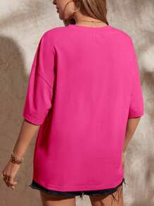 SHEIN LUNE Floral & Slogan Graphic Drop Shoulder Oversized Tee - Hot Pink - View 2