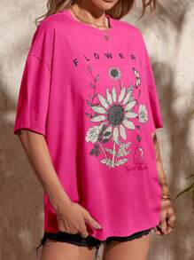 SHEIN LUNE Floral & Slogan Graphic Drop Shoulder Oversized Tee - Hot Pink - View 4