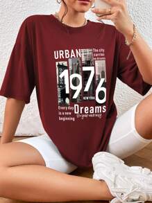INAWLY 建筑和口号图案落肩 T 恤 URBAN BROOKLYN QUEEN'S 1976 纽约 这个城市没有梦想 曼哈顿 每天的梦想都是一个新的开始 走自己的路 - 酒紅色 - 查看 5