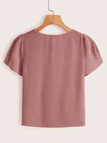 SHEIN LUNE Petal Sleeve Knot Hem Solid Top,Casual - Dusty Pink - View 2