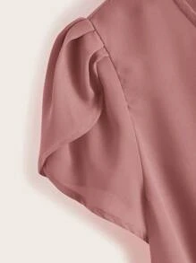 SHEIN LUNE Petal Sleeve Knot Hem Solid Top,Casual - Dusty Pink - View 4