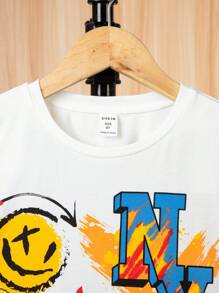SHEIN Tween Boy Cartoon & Letter Graphic Drop Shoulder Tee Without Chain - White - View 4