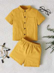 SHEIN 男嬰口袋貼布襯衫和短褲 - 黃色 - 查看 1