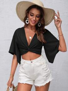 SHEIN VCAY Twist Front Butterfly Sleeve Crop Blouse - Black - View 5