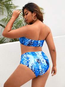 SHEIN Swim Curve Plus Size Allover Print Bandeau Bikini Set Summer Beach - Blue - View 2