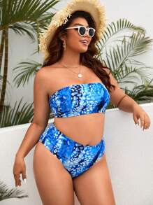 SHEIN Swim Curve Plus Size Allover Print Bandeau Bikini Set Summer Beach - Blue - View 3