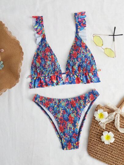SHEIN Floral Print Smocked Ruffle Trim Bikini Set For Summer Beach Vacation