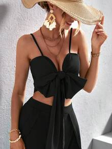 SHEIN VCAY 前繫帶吊帶上衣和高衩長褲 - 黑色 - 查看 6