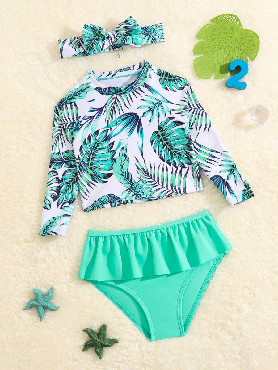 Ropa de playa de verano para niña bebé con estampado tropical y volantes en el dobladillo - Multicolor - Ver 1