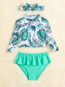 Ropa de playa de verano para niña bebé con estampado tropical y volantes en el dobladillo - Multicolor - Ver 4