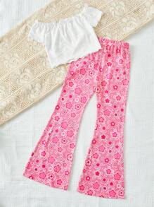 SHEIN Cô gái Tween Off Shoulder Ren Mộc nhĩ Áo thun & In hoa Quần ống loe - Nhiều màu - Xem 2