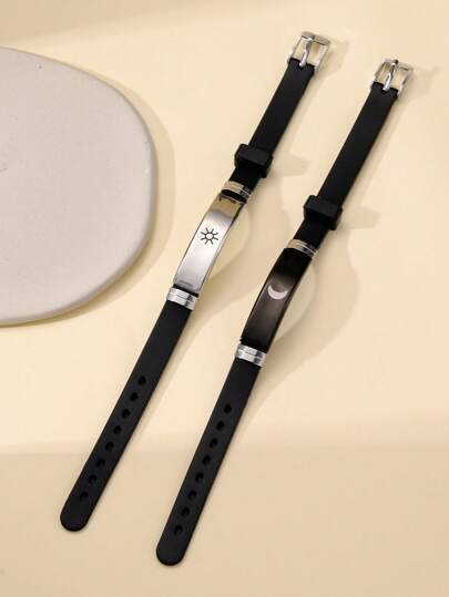 2入組極簡星月裝飾搭扣不銹鋼手環適用於情侶日常裝飾