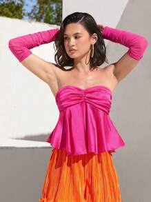 Alessia Bianchi Top bandeau fruncido delantero bajo con fruncido con mangas de brazo - Rosa Fucsia - Ver 7