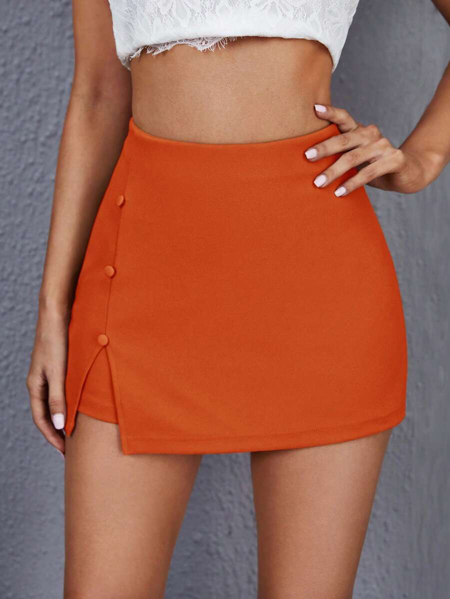 SHEIN Privé 紐扣細節下擺開叉裙裤 - 橘色 - 查看 1