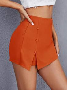 SHEIN Privé 紐扣細節下擺開叉裙裤 - 橘色 - 查看 3