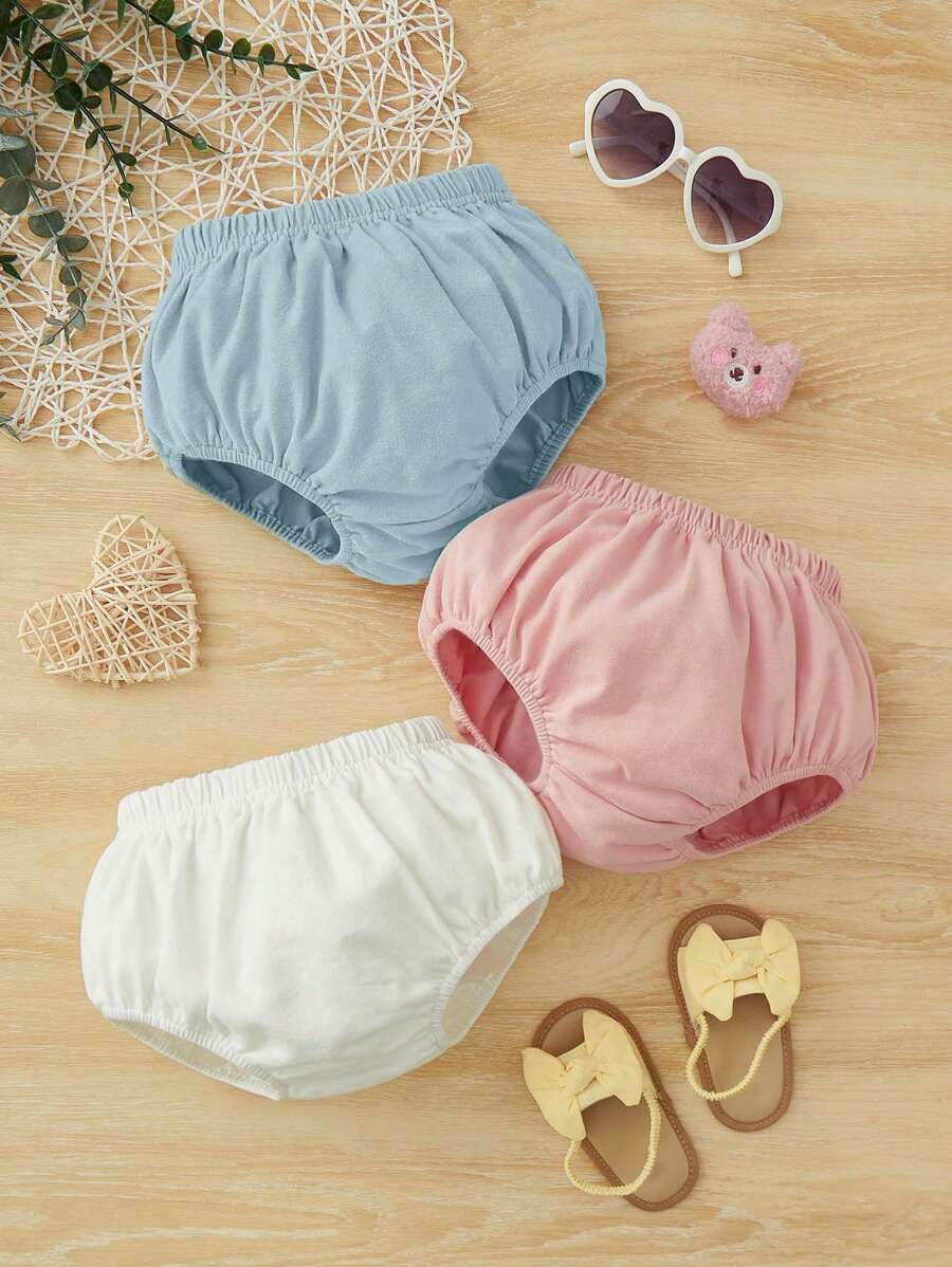 SHEIN Baby Girl 3pcs Solid Elastic Waist Shorts - Baby Blue - View 1