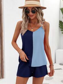 SHEIN LUNE Two Tone Cami Top & Paperbag Waist Shorts - Navy Blue - View 3