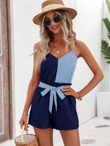 SHEIN LUNE Two Tone Cami Top & Paperbag Waist Shorts - Navy Blue - View 5
