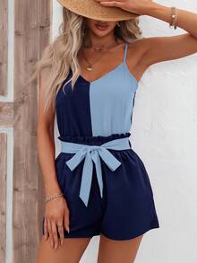 SHEIN LUNE Two Tone Cami Top & Paperbag Waist Shorts - Navy Blue - View 6