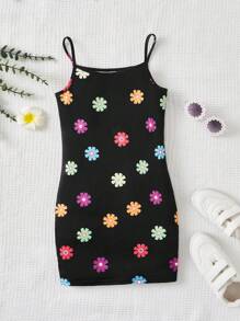 SHEIN 女孩印花吊帶連衣裙 - 黑色 - 查看 1