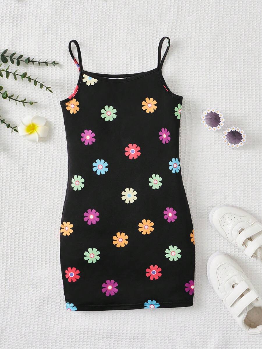 SHEIN 女孩印花吊帶連衣裙 - 黑色 - 查看 1